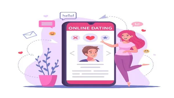 An illustration of a woman beside a phone showing an online dating profile
